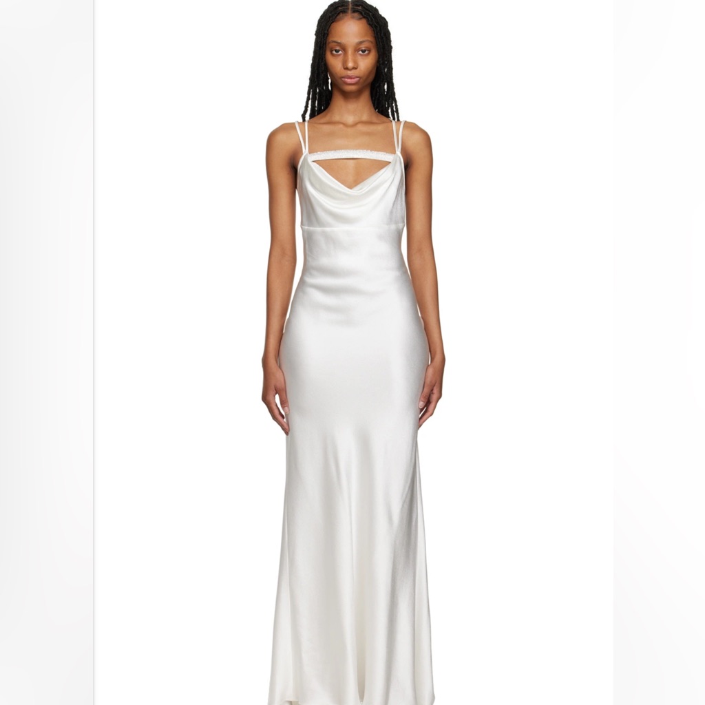 Nue Studio Elegant White Satin Gown With Crystal Neckline